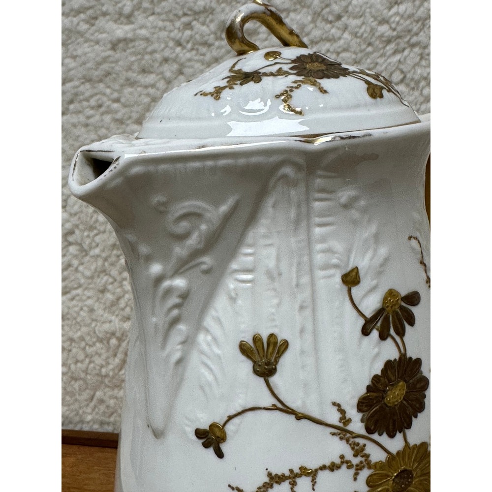 Vintage KT&K China Tall Coffee Pot / Chocolate Pot White Gold Floral Embossed - Picture 14 of 14